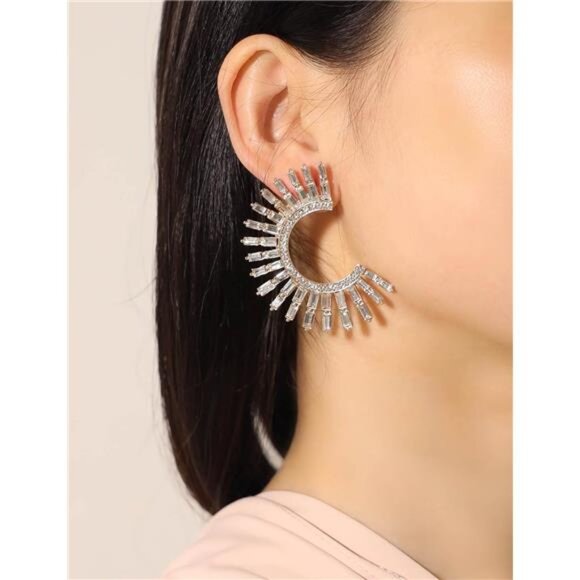 14K Gold Plated Open-Hoop Semicircle Rhinestone Earrings - Picture 4 of 5